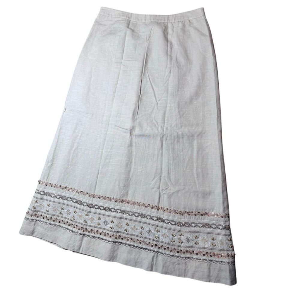 DUE PER DUE VINTAGE LINEN BEADED MIDI SKIRT SIZE 6 KHAKI